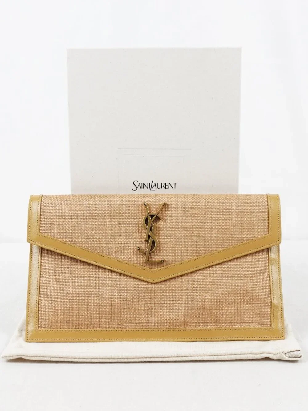 Saint Laurent Uptown Pouch In Natural Hay Micro Raffia With Blush Leather Trim